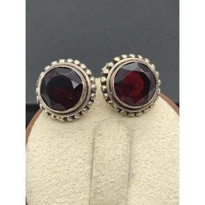 Sterling Silver Chunky Round Faceted Garnet Earrings 925 Post Red 1/2"